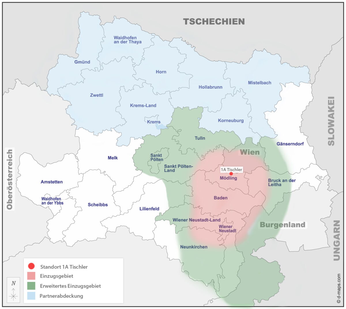 Einzugsgebiet des 1A Tischler in Niederösterreich - Regionen Mödling, Baden, Wien, Wiener Neustadt